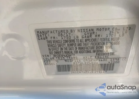 2018 Nissan Versa 1.6 Sv from USA, damaged, VIN 3N1CN7AP4JK394117